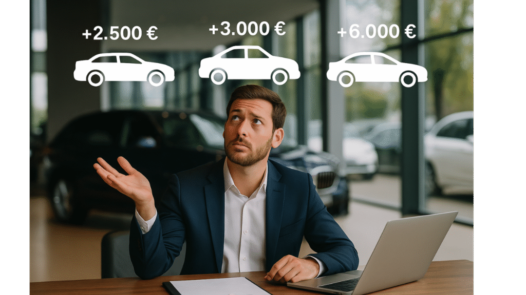 A man in a suit sits at a desk with a laptop, looking up at three illustrated cars above him, each labeled with a price—visualizing den potenziellen Gewinn im Autohaus pro Fahrzeug—in a modern car showroom setting.