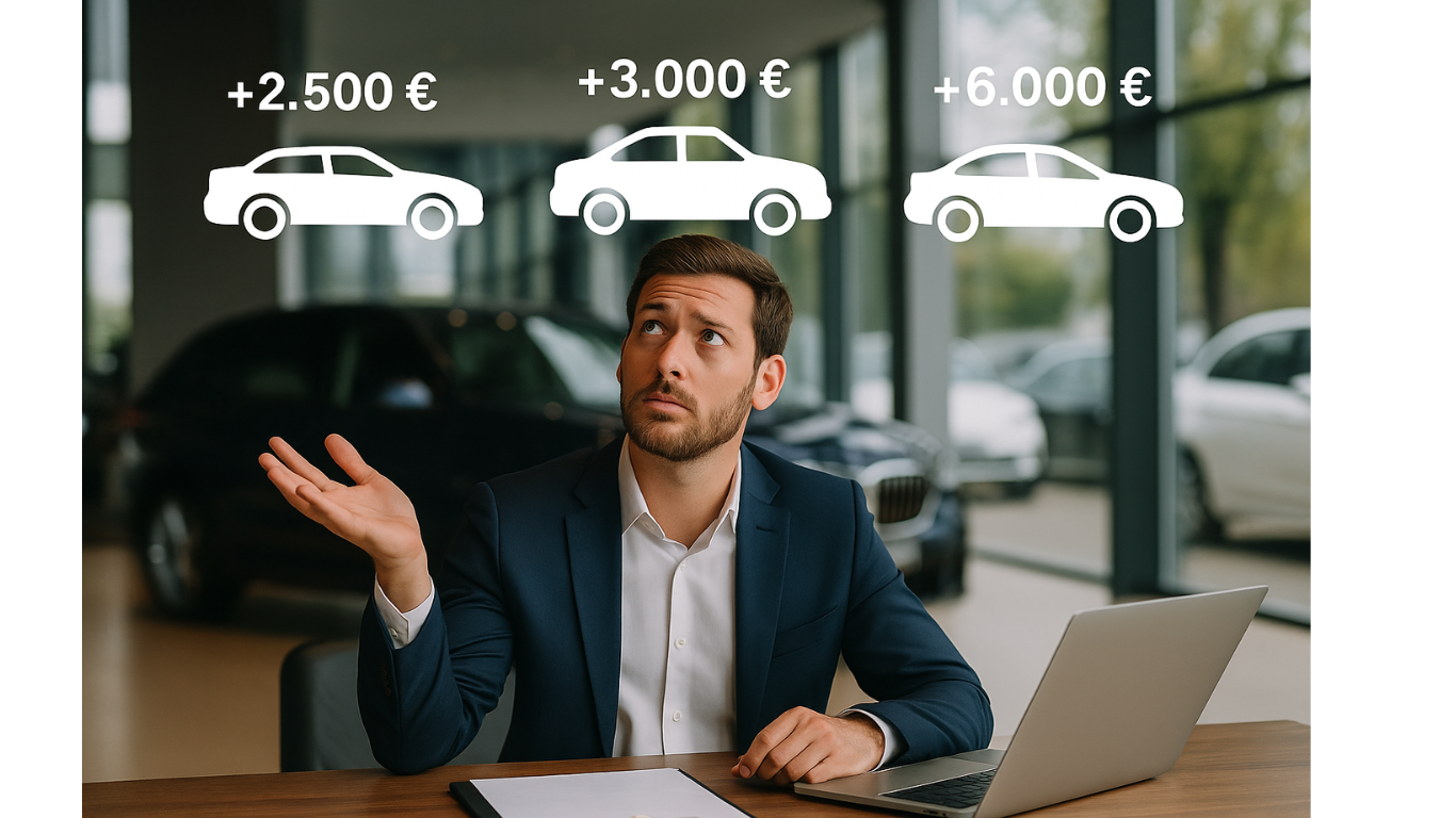 A man in a suit sits at a desk with a laptop, looking up at three illustrated cars above him, each labeled with a price—visualizing den potenziellen Gewinn im Autohaus pro Fahrzeug—in a modern car showroom setting.