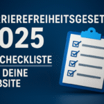 Grafik zum Barrierefreiheitsgesetz 2025 mit dem Text 'Die Checkliste für deine Website' und einer symbolischen Checkliste auf einem Klemmbrett.