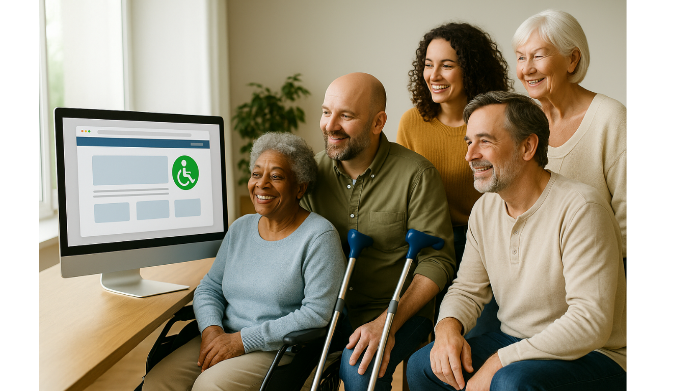 A diverse group of five smiling adults, including a woman in a wheelchair and a man with crutches, gather around a computer displaying a website with an accessibility icon, discussing topics like was ist das Barrierefreiheitsstärkungsgesetz.