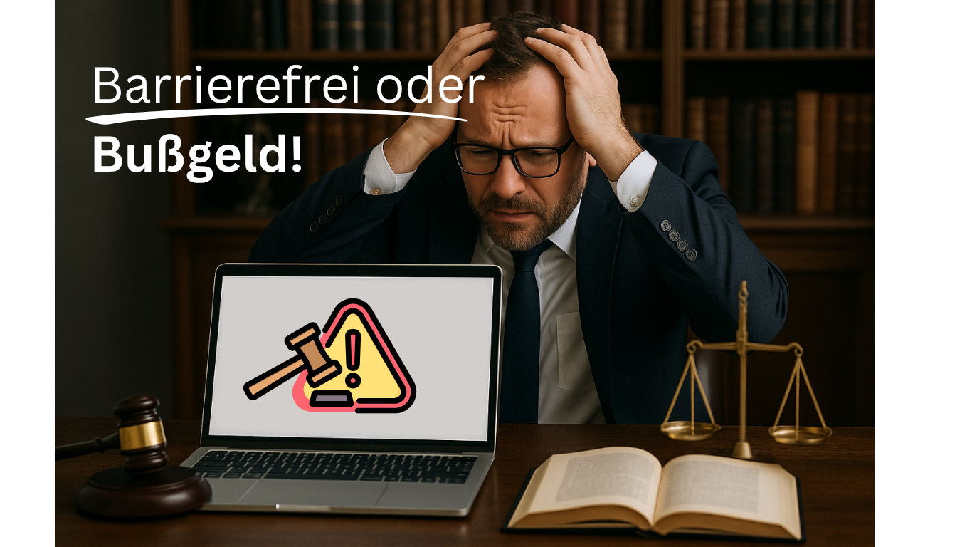 Gestresster Mann im Anzug sitzt vor einem Laptop mit einem Warnsymbol und einem Richterhammer. Daneben Waage und Gesetzbuch. Text im Bild: ‚Barrierefrei oder Bußgeld!