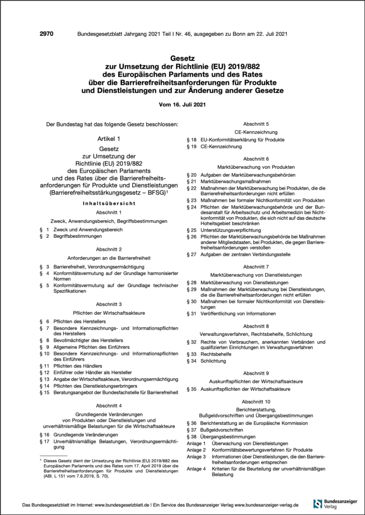 Deckblatt des Gesetzes zur Umsetzung der EU-Richtlinie 2019/882 über Barrierefreiheitsanforderungen für Produkte und Dienstleistungen (Barrierefreiheitsstärkungsgesetz – BFSG), veröffentlicht vom Bundestag am 16. Juli 2021. Das Dokument enthält eine Gliederung der Abschnitte und Paragraphen, darunter Anforderungen an Barrierefreiheit, Pflichten von Herstellern, CE-Kennzeichnung und Marktüberwachung.